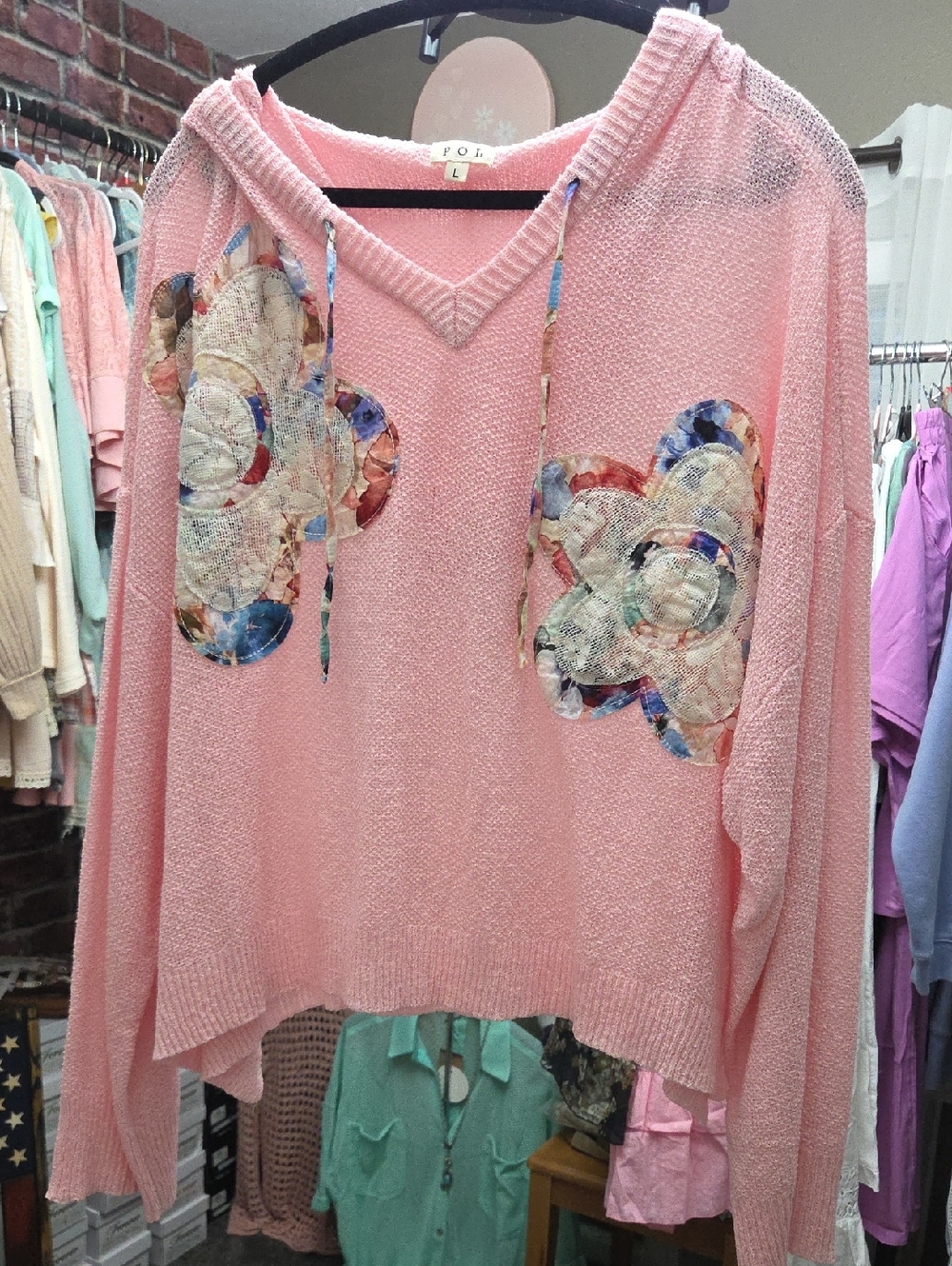 POL Pink V-Neck Hoodie Sweater with Floral Appliques